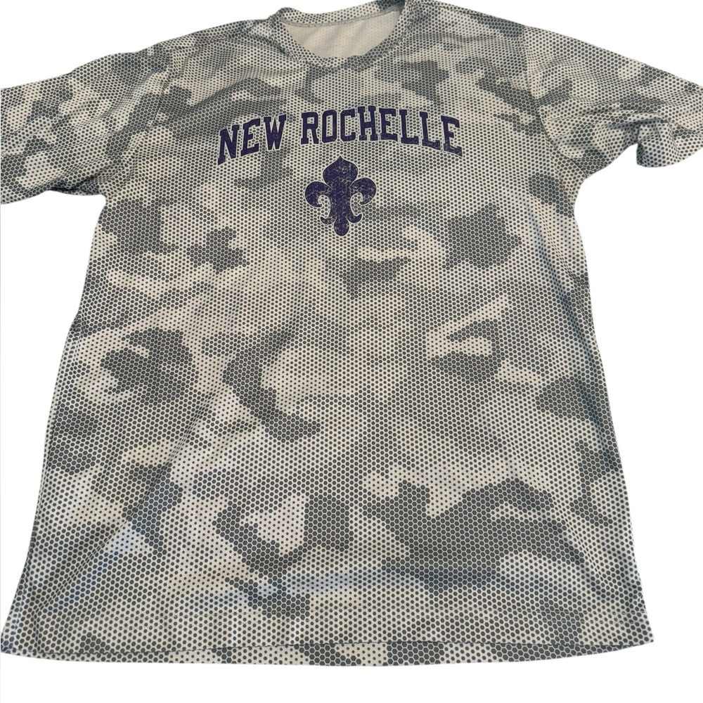 Grey camo nylon t-shirt with purple fleur de lis. Size S. Worn.